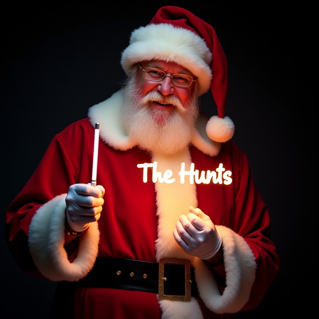 Santa Claus in a traditional red and white suit holding a glow stick. The glow stick displays the name 'The Hunts' in bright light. Santa has a jolly expression. The background is dark to highlight the glow. Captures the magic and joy of Christmas.