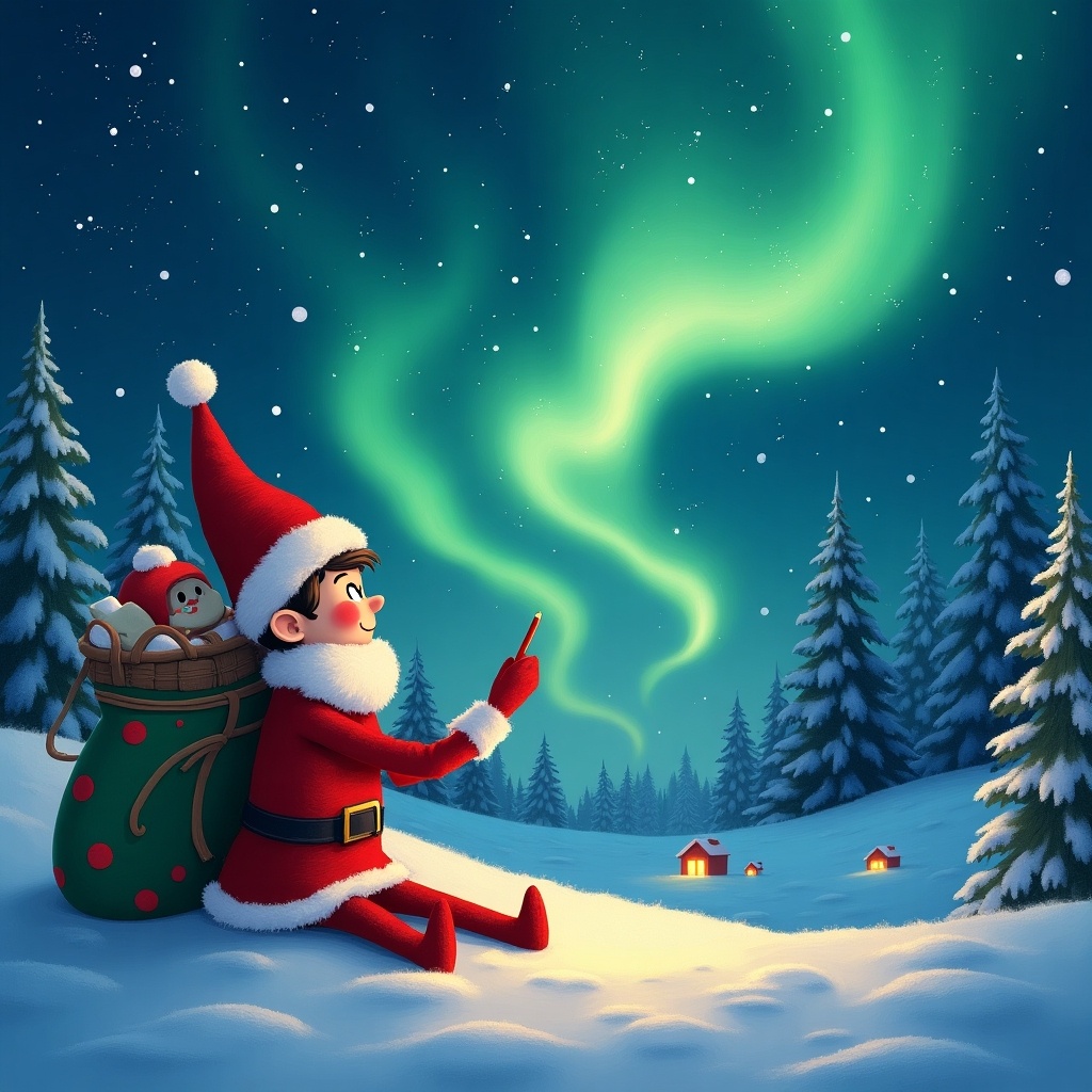 A charming elf sits in the snow, gazing at the beautiful northern lights that dance in the night sky. Dressed in a festive Santa costume, the elf holds a pen as if writing a special message. A colorful bag, full of toys, rests beside him. In the background, quaint little houses glow with warm light, creating a cozy atmosphere. The scene captures the magic of Christmas and the spirit of giving, evoking a sense of wonder and joy.