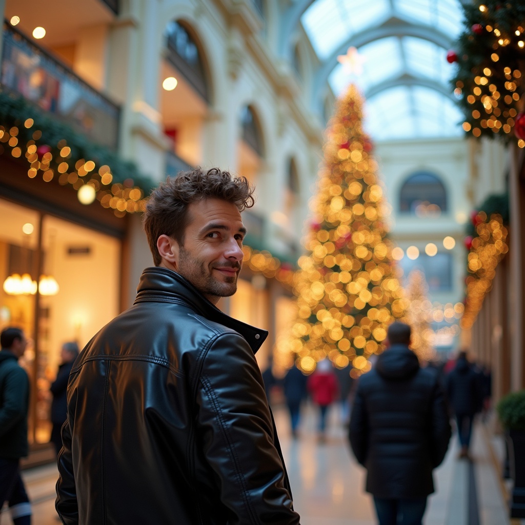 A bustling shopping mall decorated for Christmas. A tall illuminated Christmas tree stands prominently. The area is lively with shoppers and festive ornaments. A tall man walks towards the camera from the tree looking left and smiling. He has short curly brown hair and wears a black leather jacket.