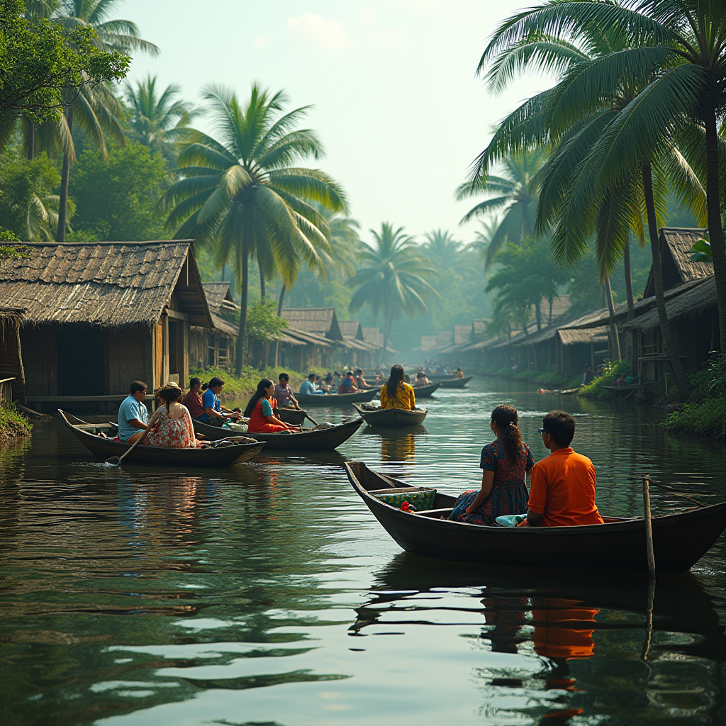 A tranquil scene of a floating market with people in wooden boats navigating a lush, palm-lined canal.