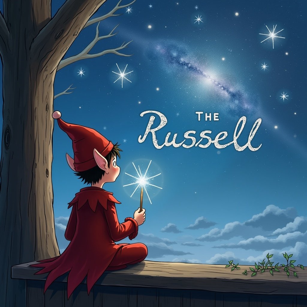 An elf sits on a wooden ledge, with its back to the viewer, gazing up at a magical sky filled with stars. The elf wears a red outfit and a pointed hat and holds a sparkling wand that emits a soft glow. Above, the sky is a blend of deep blues and purples, adorned with twinkling stars. The name 'Russell' is artistically displayed, suggesting a whimsical story. This scene captures the essence of fantasy and wonder, inviting viewers into a magical world.