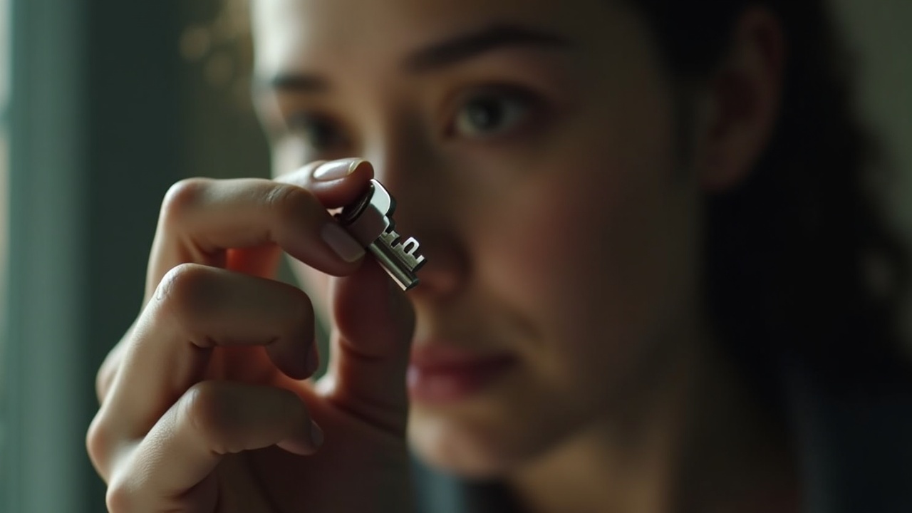 A person examining a small key closely, with a soft focus on the background, evoking curiosity and mystery.