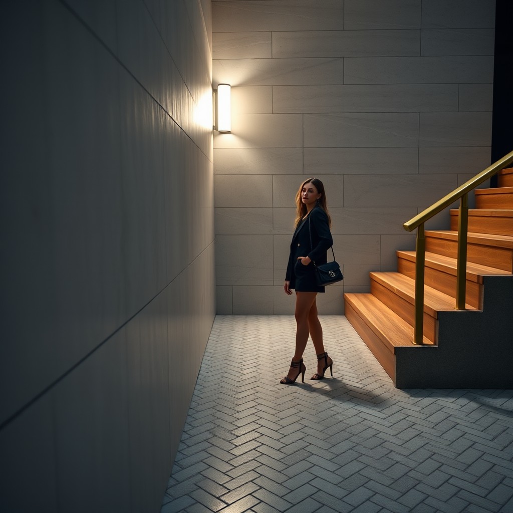 A stylish woman poses in a chic urban setting next to illuminated stairs.