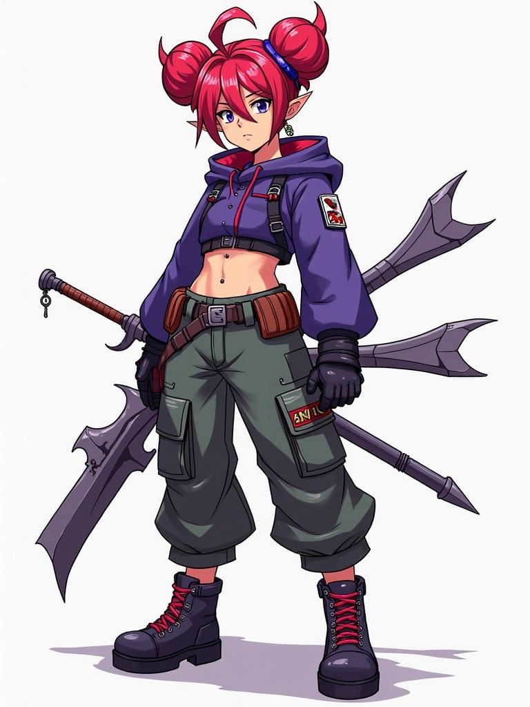 Character features red and purple hair styled in space buns. Character has pure eyes and appears serious. Wears cargo pants with details and holds various weapons. Design shows fantasy elements.