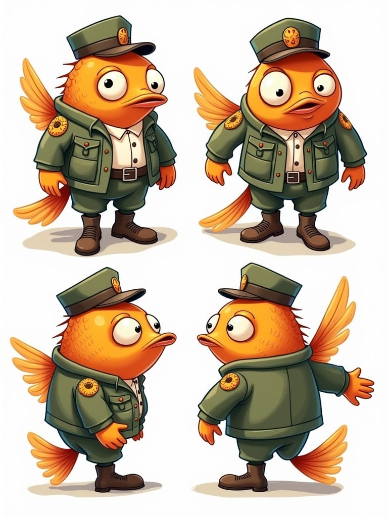 Different angles showing a cartoon fish dressed in army uniform. Fish has colorful scales and wings. The expression is dopey and silly.