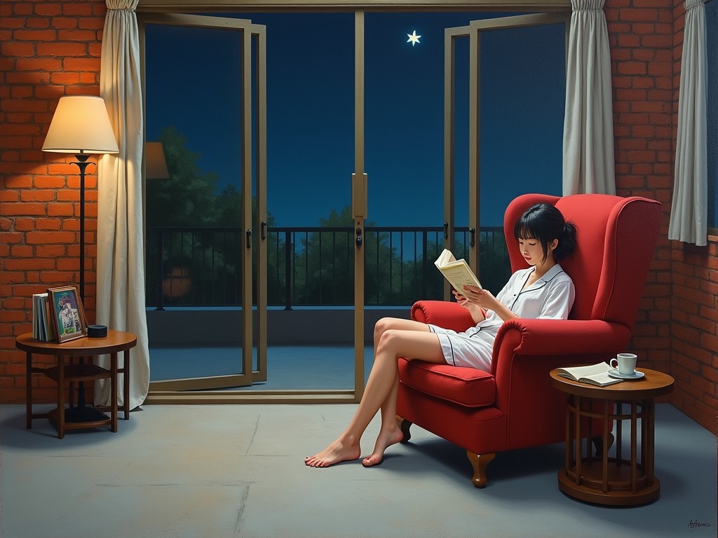 The image depicts a peaceful indoor scene at night. A woman, dressed casually, is absorbed in reading while seated in a vibrant red armchair. The room is warmly lit with a standing lamp, and the open doors reveal a serene starry sky. The setting radiates tranquility and solitude, with the focused lighting contrasting against the darkened outdoors.