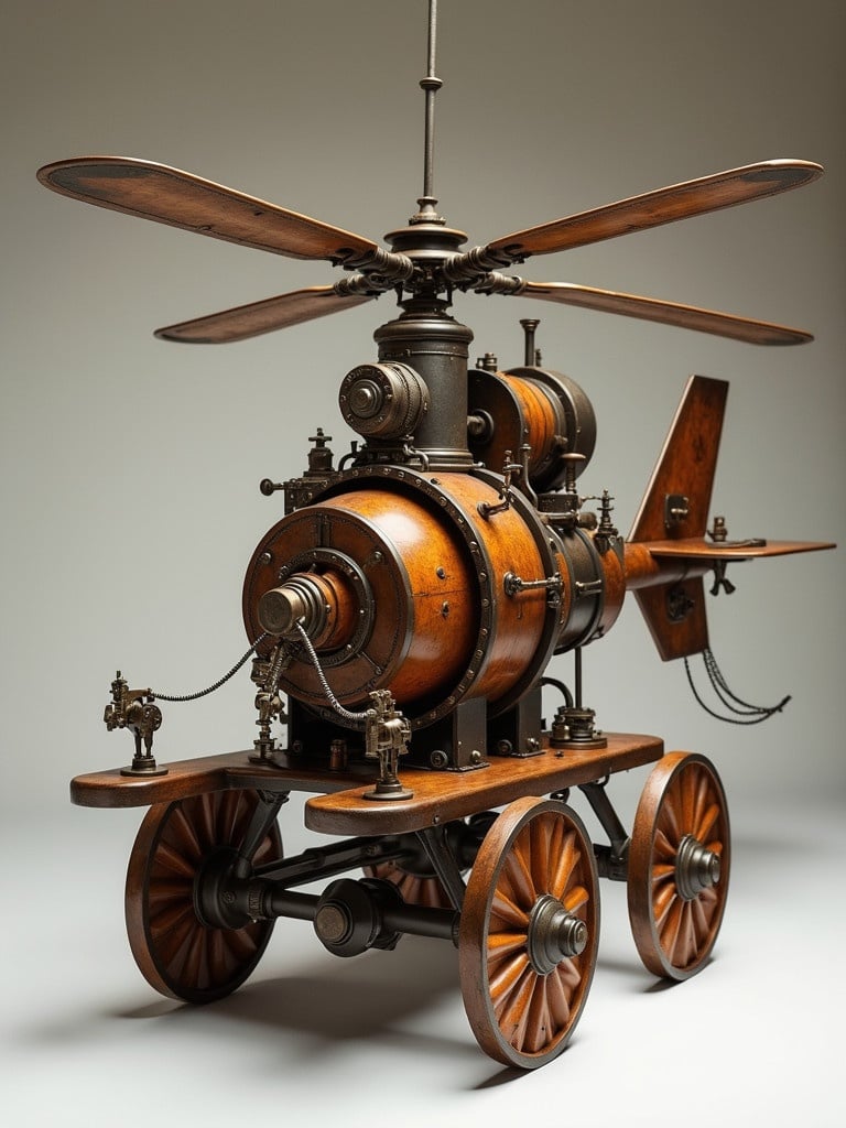 A steam boiler powered helicopter designed in the style of Leonardo da Vinci. This machine combines wood, leather, and tin. Four wagon wheels serve as landing gear. Built around a horizontal steam boiler. The rendering is meticulously detailed and hyper-realistic.