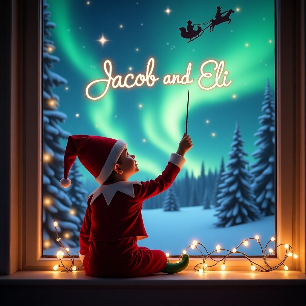 The image features an elf sitting on a window ledge with his back to the viewer. He is looking up at the enchanting sky. In the background, colorful northern lights illuminate the night, creating a magical Christmas scene. Santa Claus can be seen in his sleigh, adding to the festive joy. The elf is dressed in a classic red outfit, enhancing the holiday spirit as he uses a wand to write the names 'Jacob and Eli' in shimmering letters. Twinkling lights in the foreground create a cozy feel, making this a perfect holiday image.