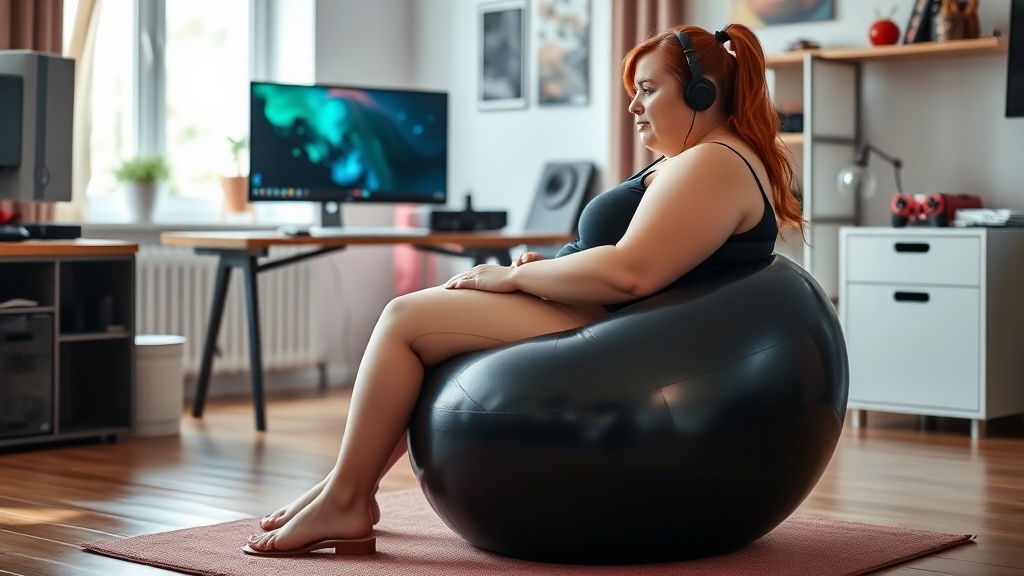 This image captures a fat Danish woman seated on a shiny black deflated yoga ball, immersed in her gaming experience. She wears headphones and has a serious yet relaxed expression as she plays on her computer. The gaming room is stylishly decorated, with a computer setup visible in the background. Natural light floods the room, creating a cozy atmosphere. Her body language exudes confidence and comfort, reflecting a positive attitude towards body image. This scene celebrates the joy of gaming and self-acceptance.