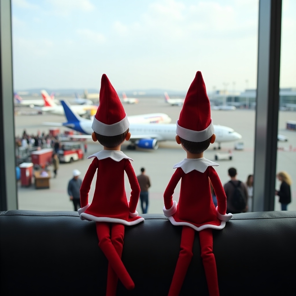 Image features two elf toys seated in an airport waiting area. They face the window with planes visible on the tarmac. The background has busy travelers, creating a holiday atmosphere. Elves wear red outfits with white trim, embodying Christmas cheer.