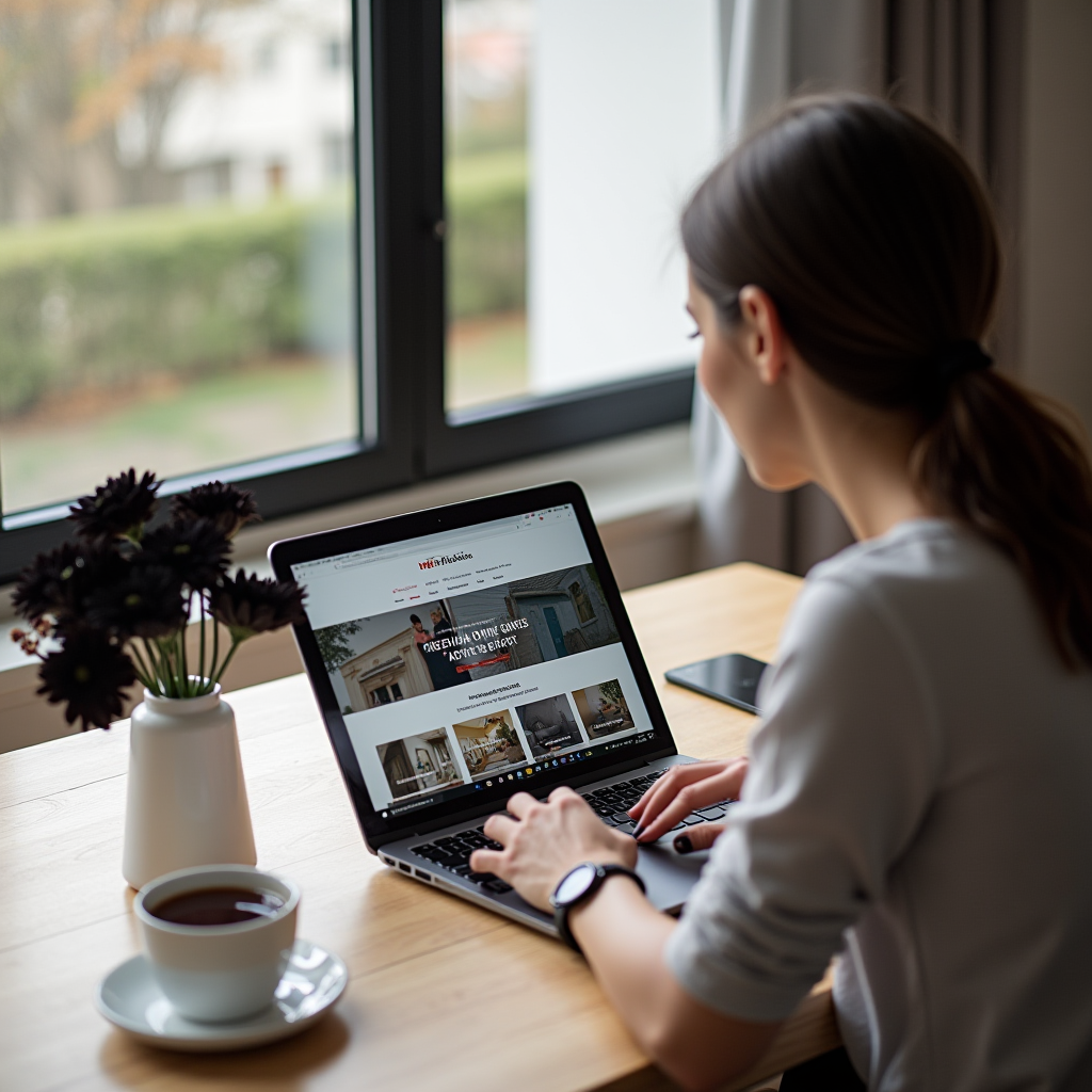 A person uses a laptop at a table by a window with a cup of coffee and a vase of flowers nearby.