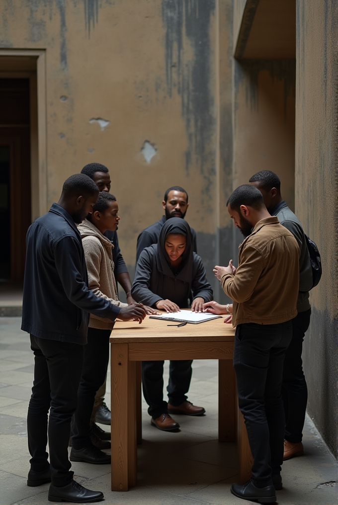 A group of people stand around a wooden table, discussing documents in a dimly lit, industrial-style space with worn walls.