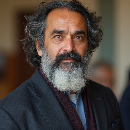 Portrait of a mature man with a beard and long hair. He is wearing a dark suit with a scarf. The expression is serious and thoughtful. Background is slightly blurred.