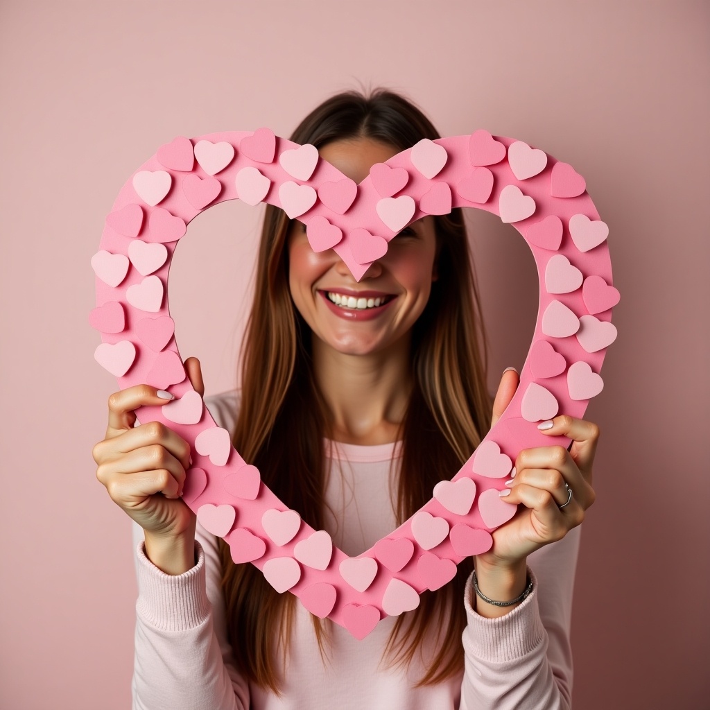 A smiling woman holds a heart-shaped frame made of smaller hearts. She gives a thumbs-up gesture. The background is soft pink. The atmosphere is cheerful and loving.