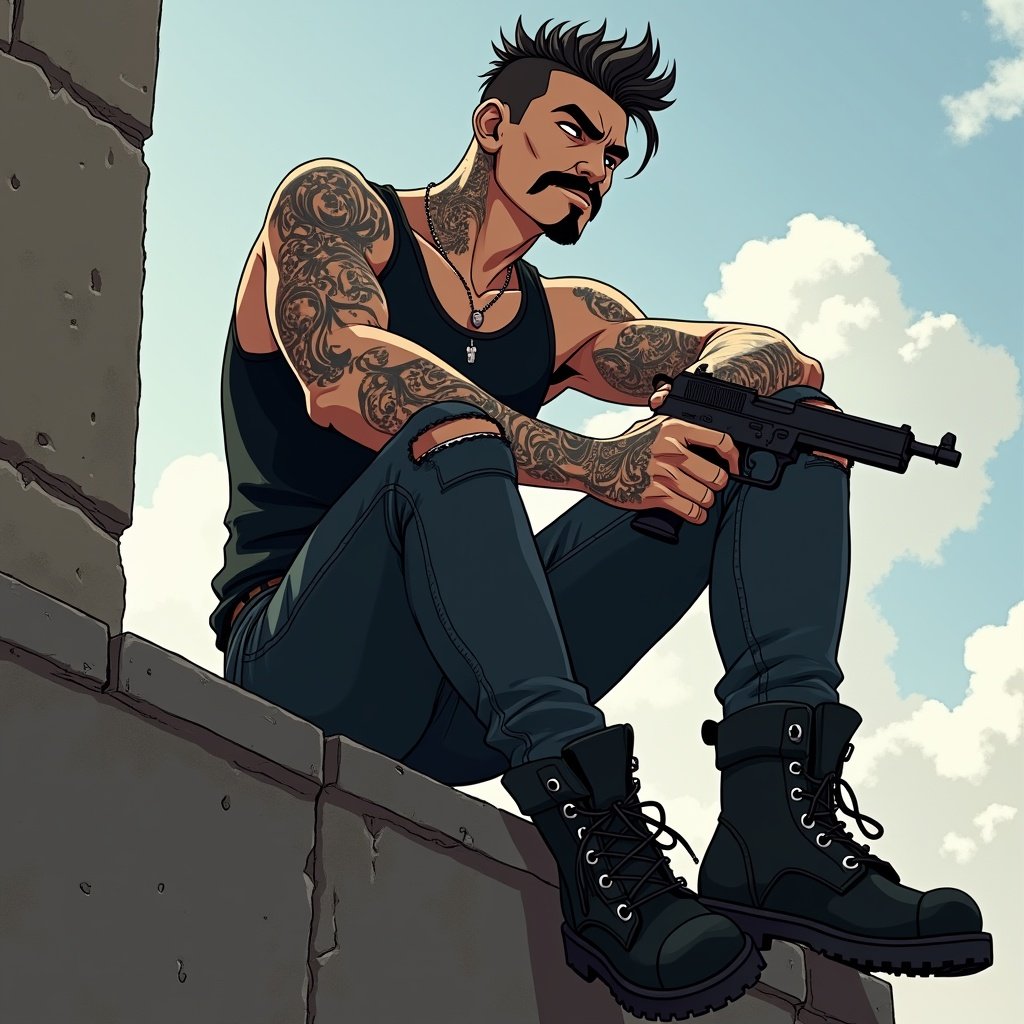 Digital art illustration of a male antihero character. Character has high and tight haircut, stubble, and a mustache. Arms and neck have tattoos. Wears black tank top and ripped jeans. Sits on a building ledge with a pistol. Gazes into the distance. Atmosphere is edgy and rebellious.