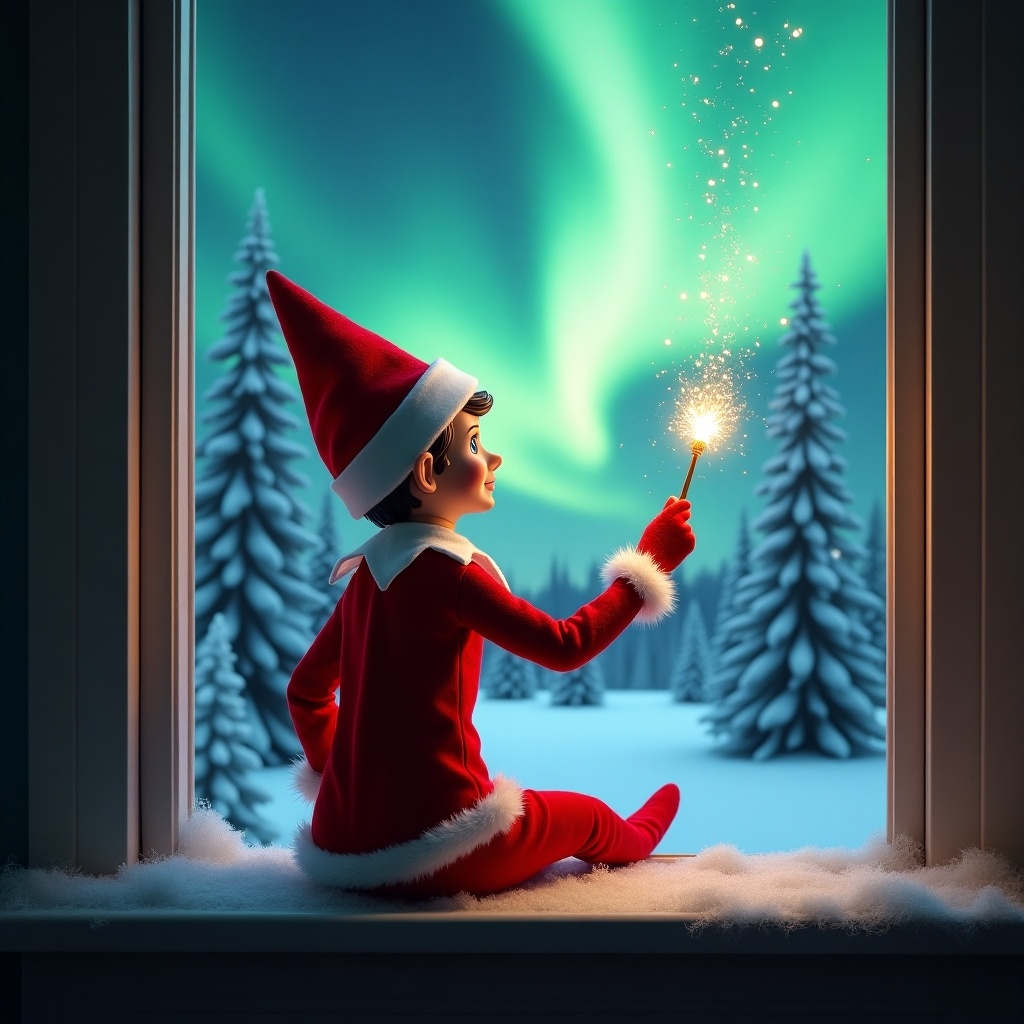 An elf on the shelf sits on a window ledge with back turned. The elf uses a magical wand to create twinkling sparks. The elf looks up at beautiful northern lights. The scene is set in winter with snow-covered pine trees. The elf wears a vibrant red outfit with white trim. The image conveys a festive holiday feeling.