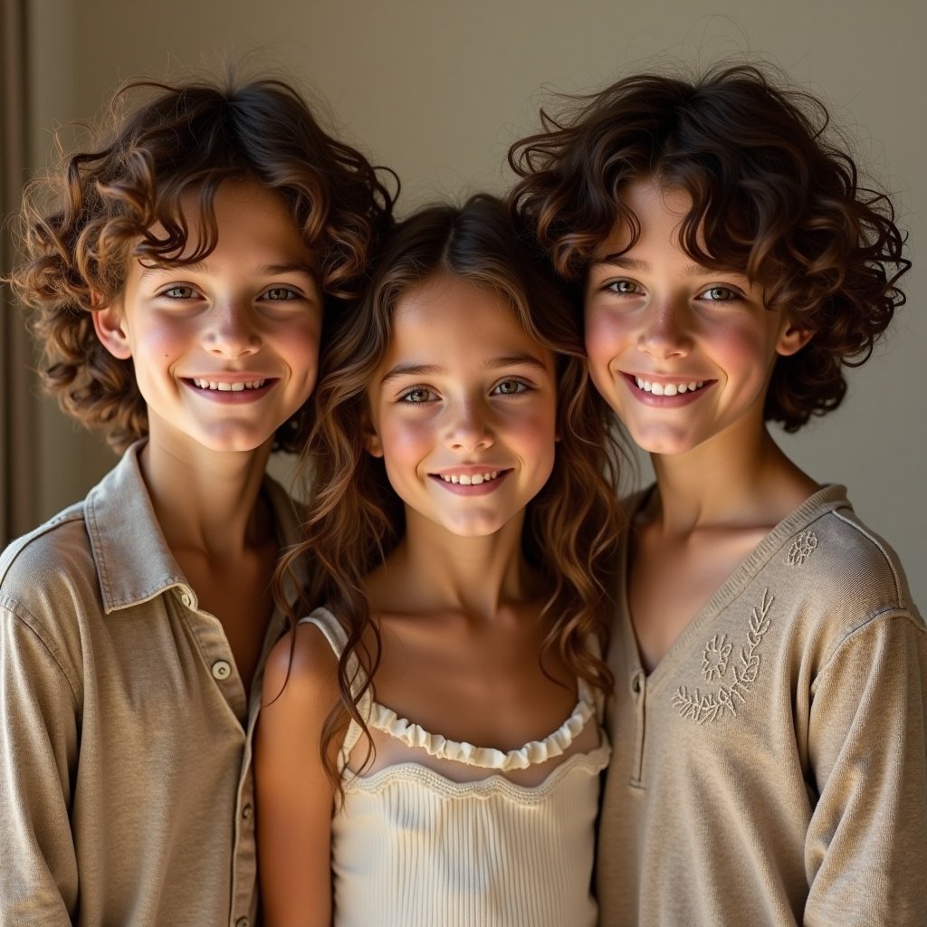 American triplets, two boys and one girl, age 17. Light tanned skin, delicate features, curly brown hair, warm brown eyes, freckles. Wearing comfortable bohemian clothes.