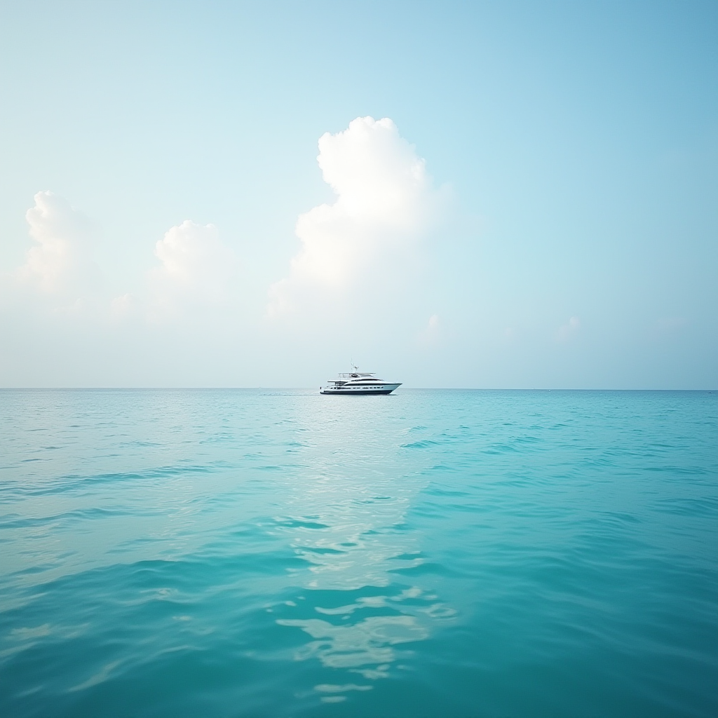 A yacht sails peacefully on a calm, blue sea under a sky with fluffy clouds.