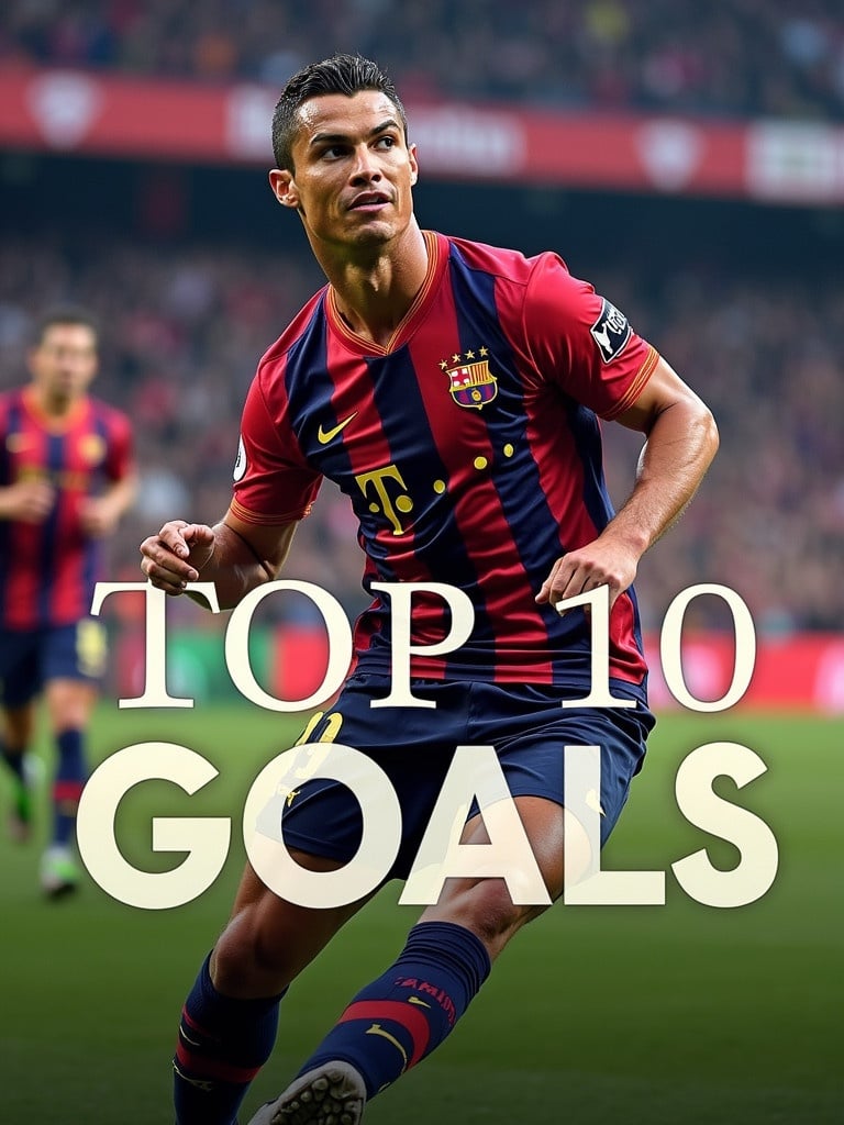 Thumbnail design featuring a dynamic football match scene. Showcasing a player in celebration pose. Highlight video title 'TOP 10 GOALS'. Use vibrant colors reflecting sports energy. Incorporate team branding.