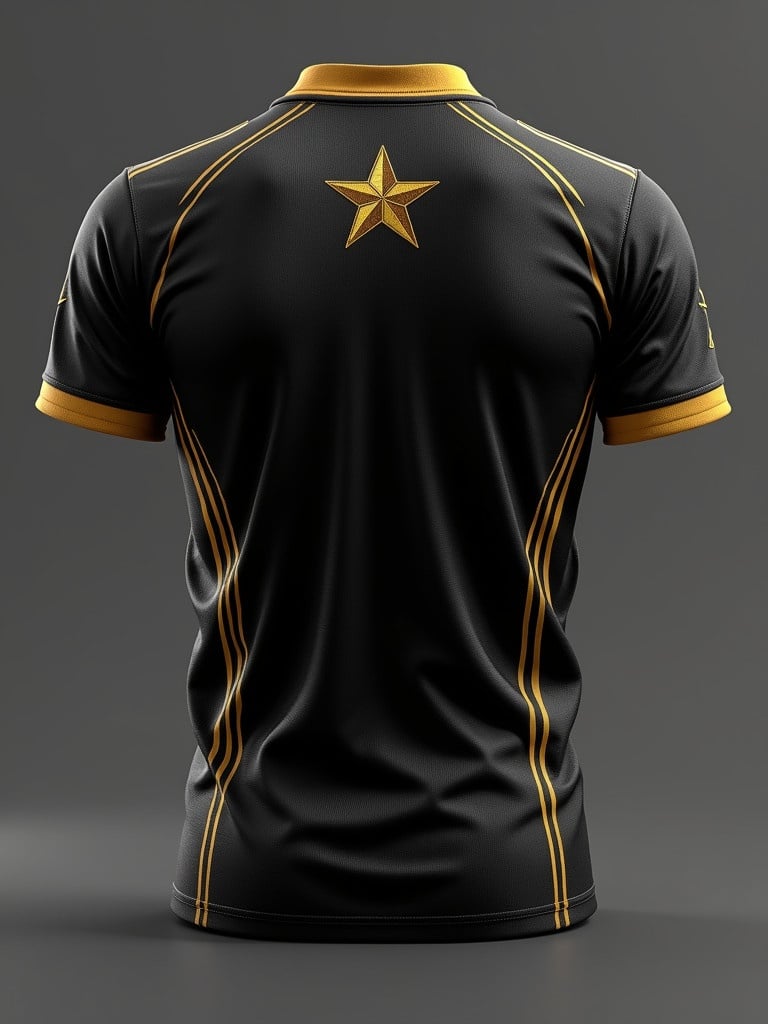 A sleek black cricket jersey designed with golden details. Showcased from a three-quarter view. The primary focus is the star logo on the back. Soft lighting highlights the jersey's textures. Perfect for sports merchandising and cricket team branding.