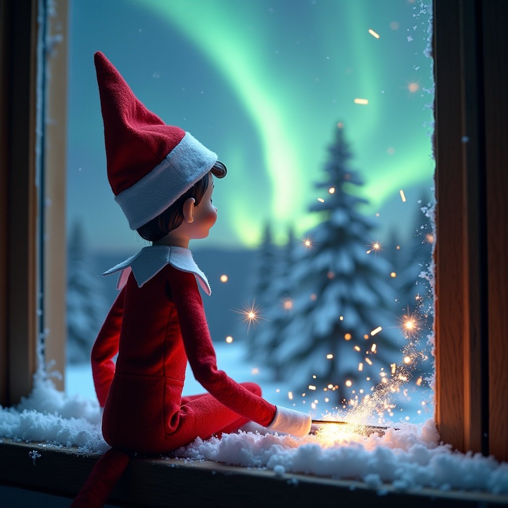 The image presents an elf on a window ledge creating sparks with a wand. The elf has a vibrant red outfit. The background features northern lights over snow-covered pine trees. The scene captures a magical and festive holiday atmosphere. The word Amity appears in stars.