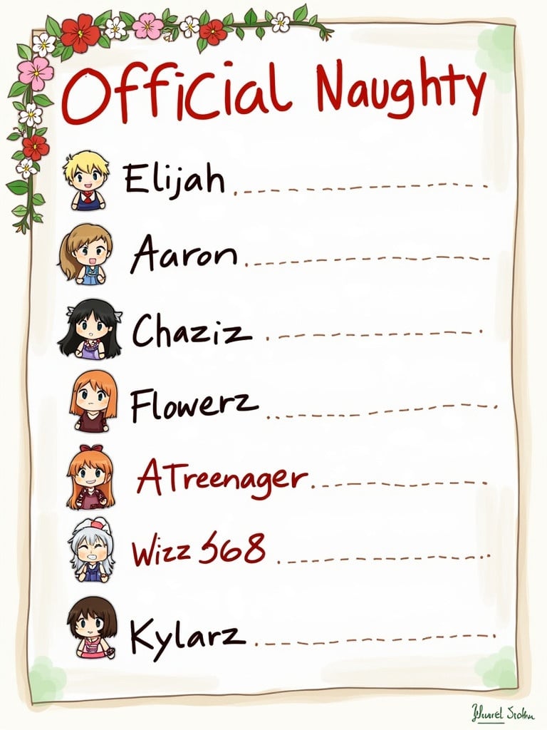 A colorful illustration shows an official Naughty list. Names included are Elijah, Aaron, Chaziz, Flowerz, ATreenager, Wizz568, and Kylarz. Character illustrations appear beside each name. The background features decorative flowers.