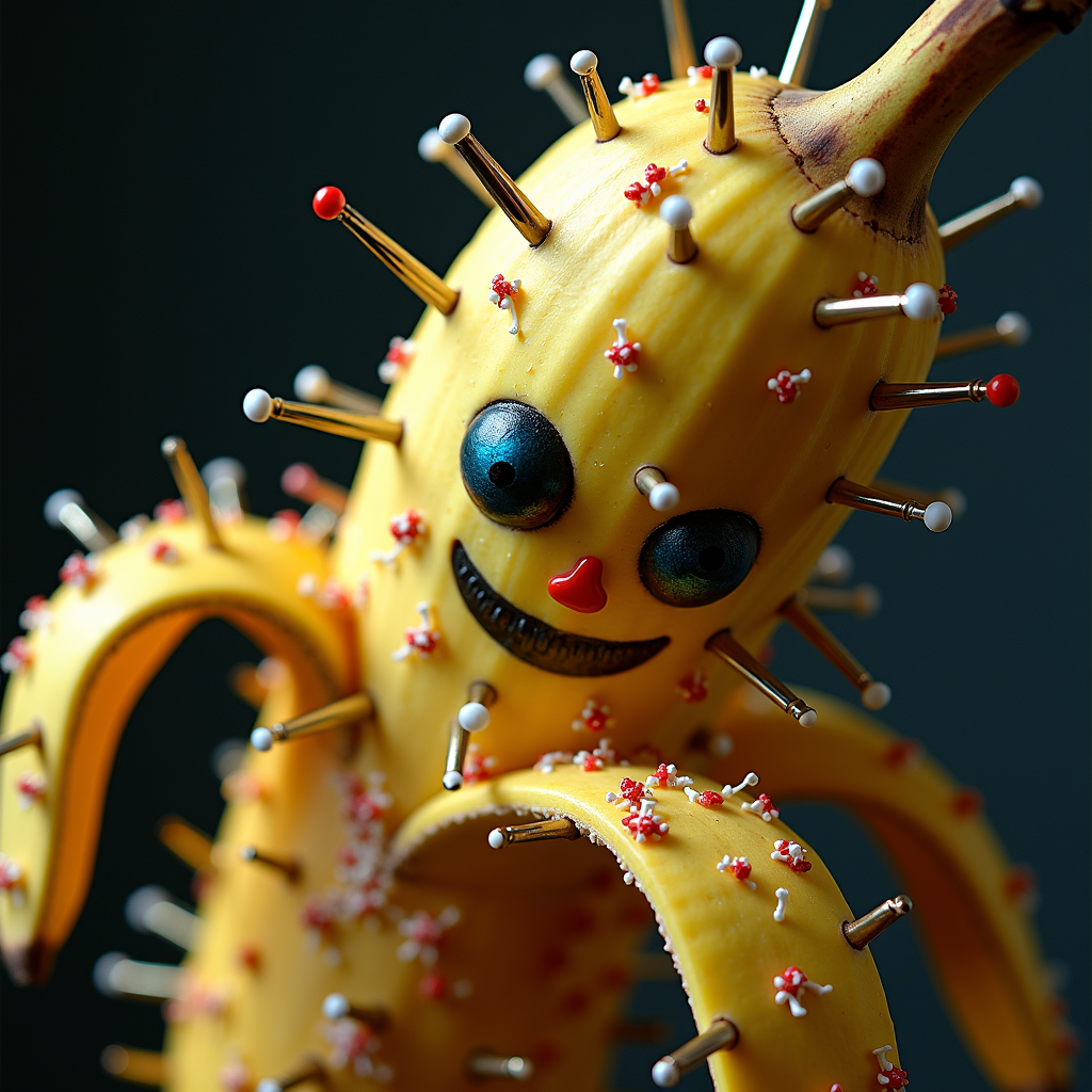 A banana sculpture transformed with eyes, a smile, and colorful pins.