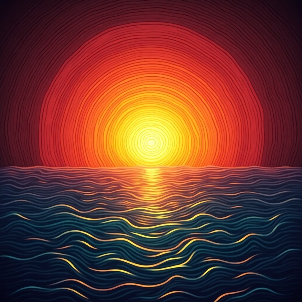 A vibrant abstract sunset landscape. The sunset has a circular gradient pattern with shades of red orange yellow and purple. The foreground displays waves of an ocean reflecting the warm colors.