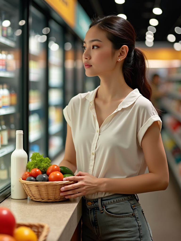 A woman holding a basket of colorful vegetables gazes thoughtfully inside a well-lit grocery store.