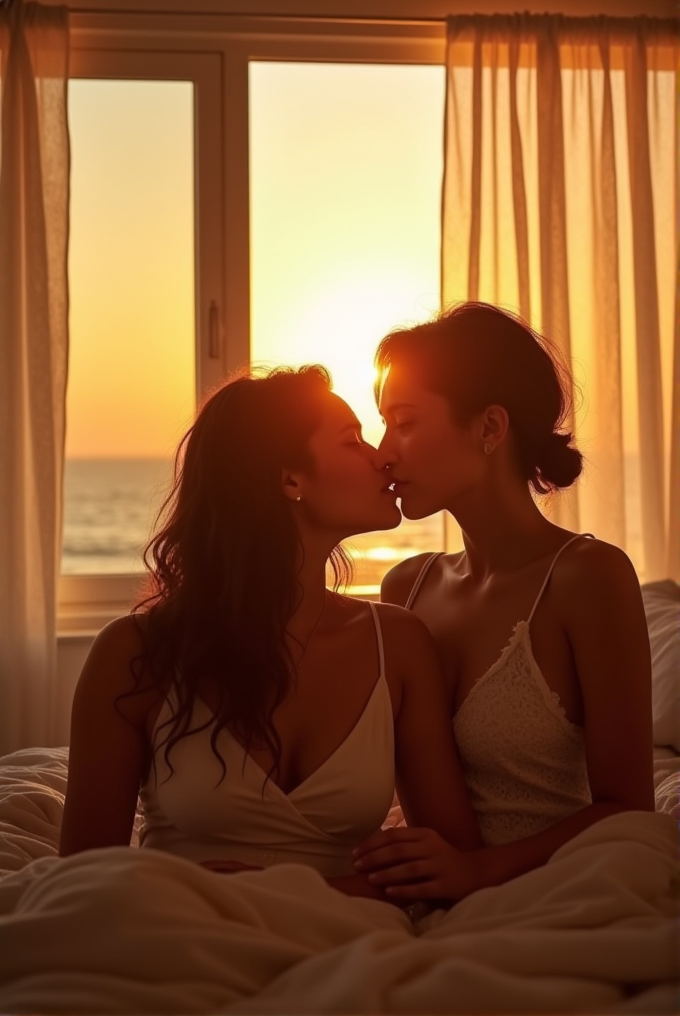 Two people share a tender kiss against the warm glow of a sunset through a window, with soft curtains framing the scene.