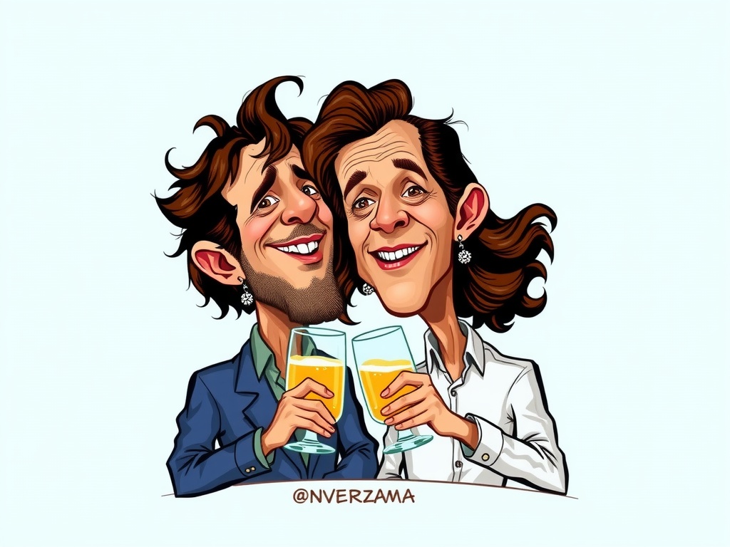 A caricature of two people joyfully holding glasses of orange juice and smiling.