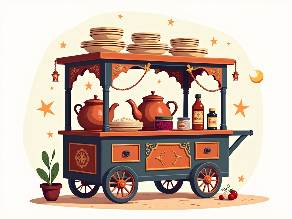 Illustration of a traditional food cart. The cart has Ramadan-themed ornaments like stars and a crescent moon. It features balila pots and jars of sauces. There are chopped beets, pickles, hot sauce, white vinegar, and black vinegar. Salted fish is included. Deep plates or bowls are stacked on top.