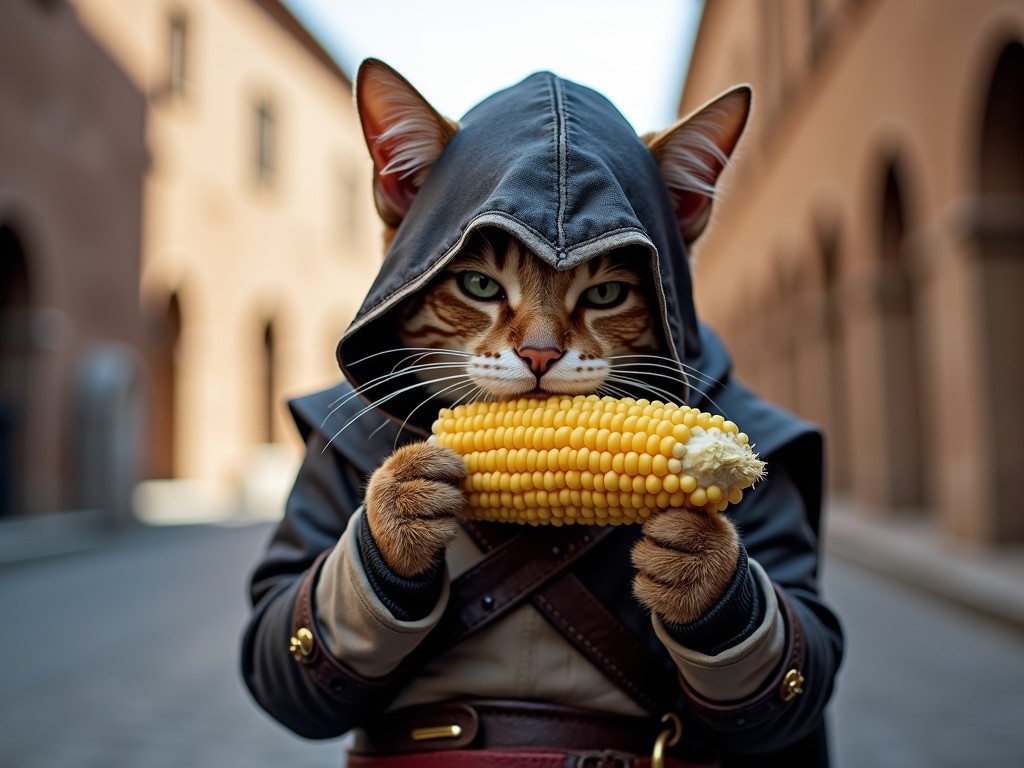 A cleverly anthropomorphized creature, this image features a cat in a hooded cloak reminiscent of a stealthy assassin, holding and eating an ear of corn. The backdrop of a rustic street with blurred architecture creates a mysterious yet whimsical juxtaposition. The cat's focused gaze adds a touch of seriousness to the whimsical scene, blending fantasy with a hint of humor.