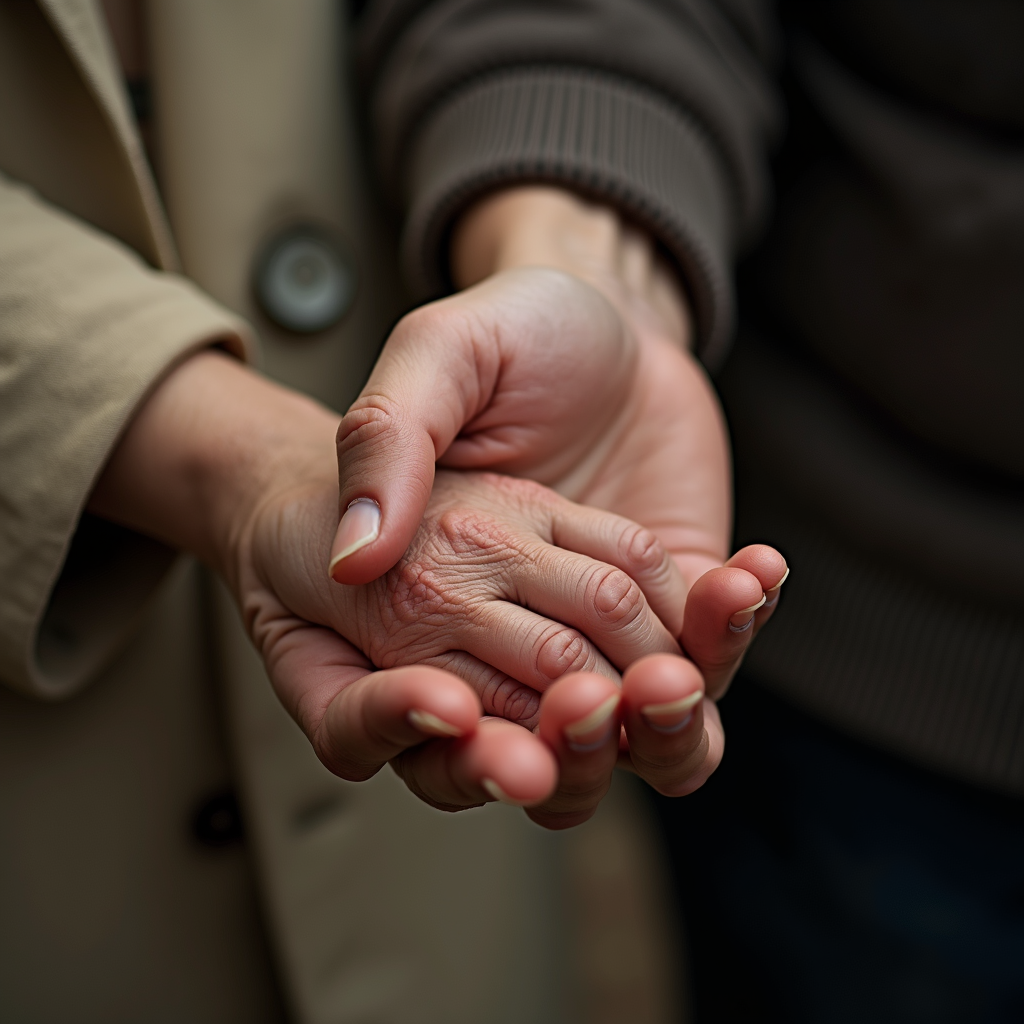 A younger person gently holds an older person's hand, conveying care and support.