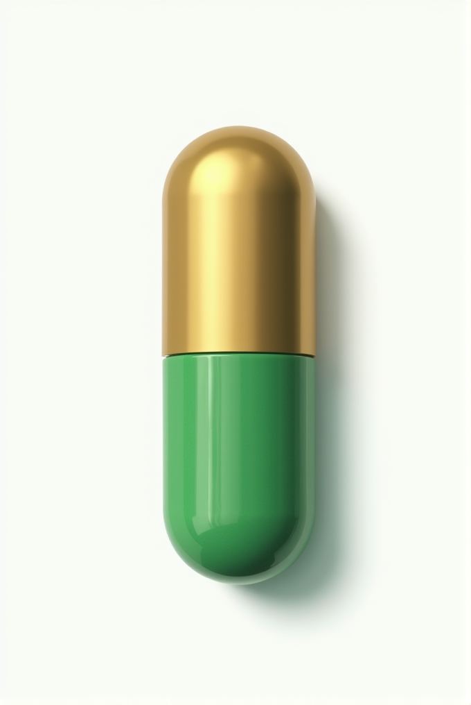 A capsule with a shiny golden top and a glossy green bottom on a plain background.