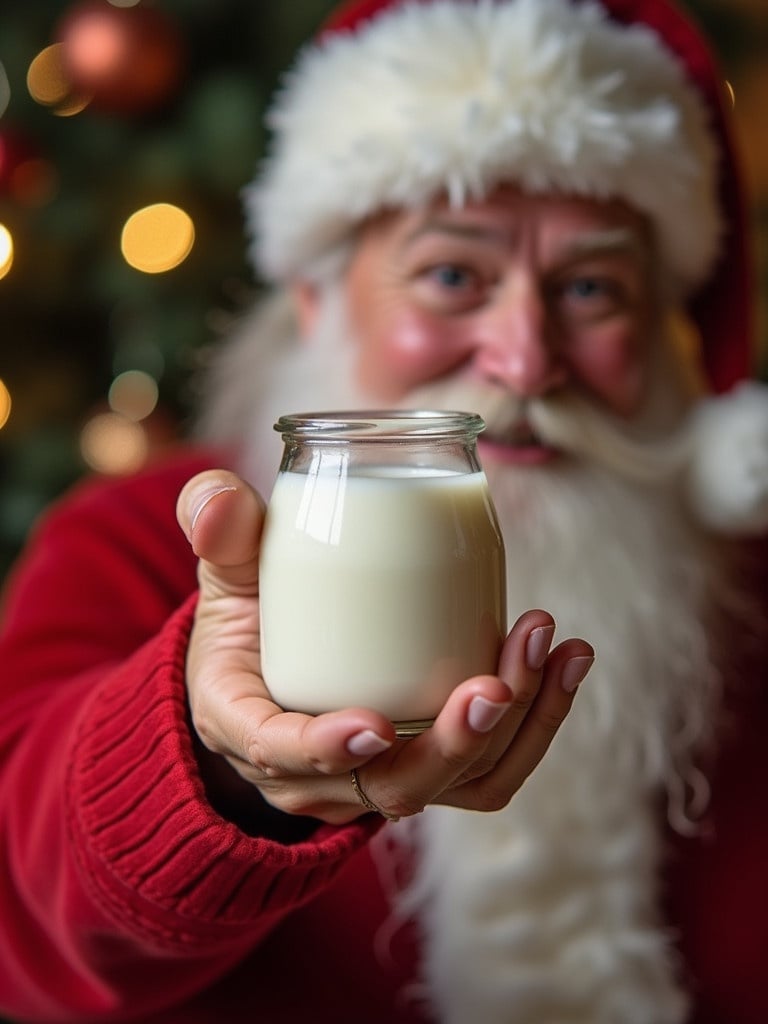 Santa holding a jar of milk with a festive background. Cozy atmosphere created by holiday decorations. Bright colors highlight Christmas spirit. Close focus on the hand and milk jar.