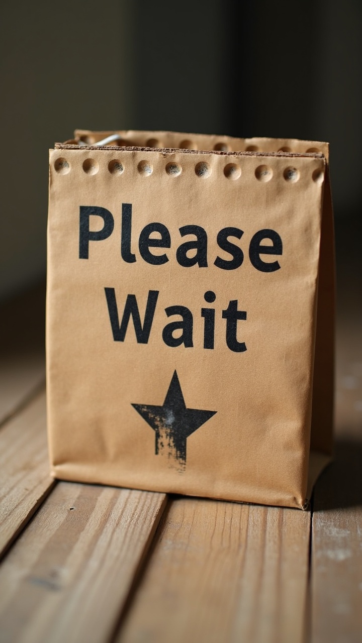 The image features a brown paper bag with the words 'Please Wait' and a distressed black star stamped below. The bag is placed on a wooden surface, with soft, diffused lighting providing a warm ambiance. The composition creates a sense of anticipation or pause, possibly evoking memories of waiting.