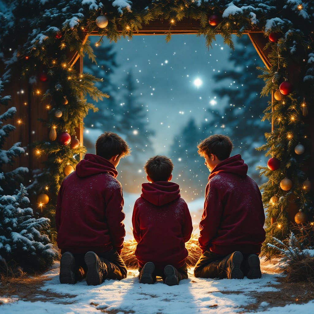 Three athletic sixteen year boys kneel in maroon hoodies. They admire a Christmas manger scene. Snow covers the ground. Surrounding trees are decorated with lights. A serene winter night sky with stars is visible.