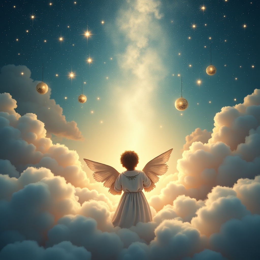 The image depicts a serene scene of a young child named James, portrayed as an angel standing amidst fluffy clouds. James has a gentle expression, with soft lighting surrounding him, suggesting a heavenly atmosphere. The clouds are illuminated by a warm glow that contrasts beautifully with the cool colors of the sky. Hanging above are golden orbs that add a magical touch to the scene. This imagery evokes feelings of peace, joy, and spiritual warmth, perfect for the Christmas season.