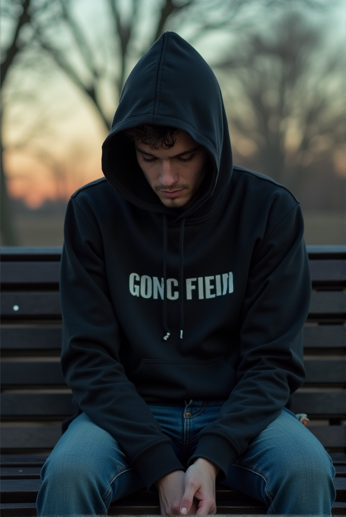 A person in a black hoodie sits pensively on a park bench during twilight.