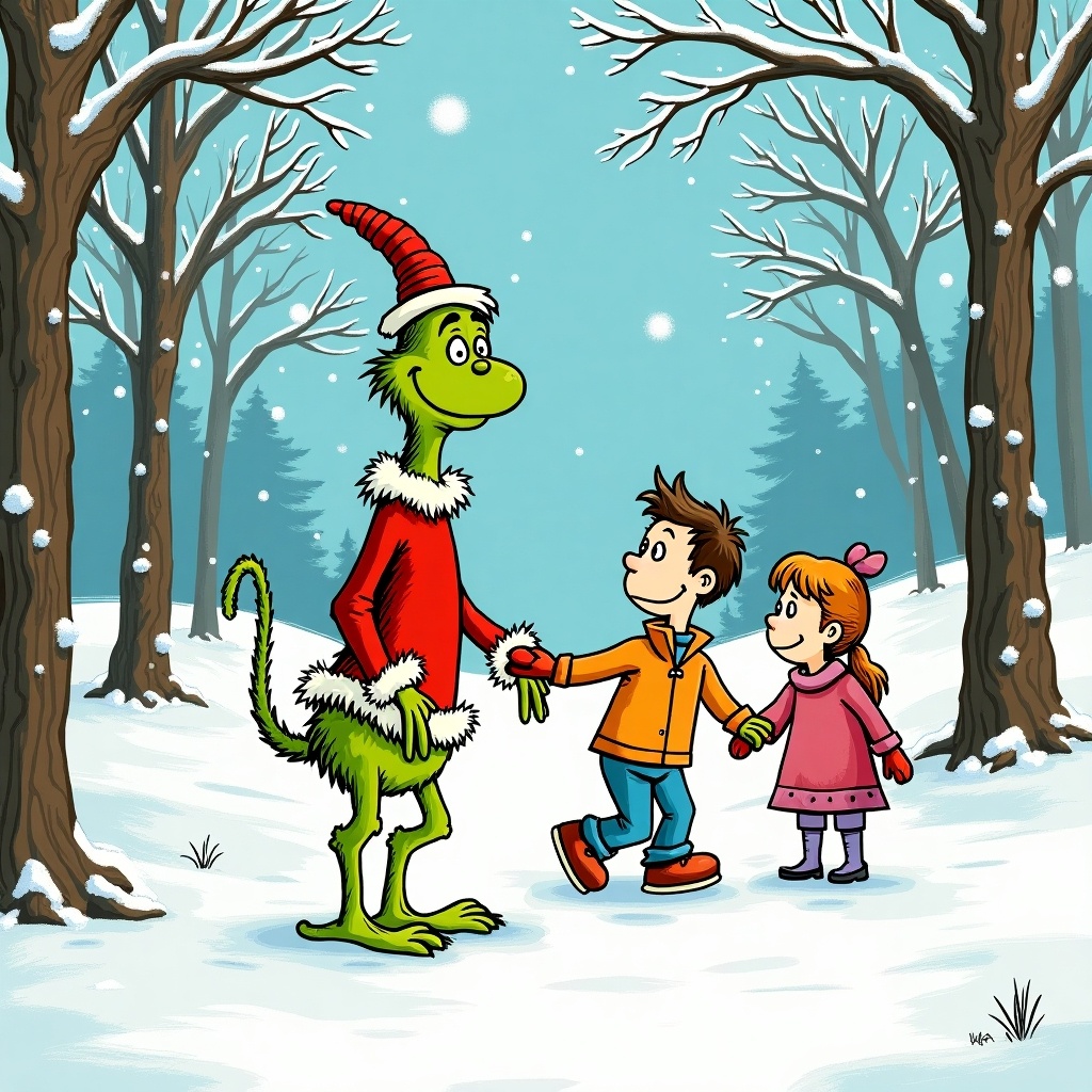 Dr Seuss’s The Grinch interacts with Steiger Family. Snow falls in a winter landscape. Bright colors dominate the scene. The Grinch is in a Santa outfit. Two children are happily holding hands with him. Snow-covered trees surround them.