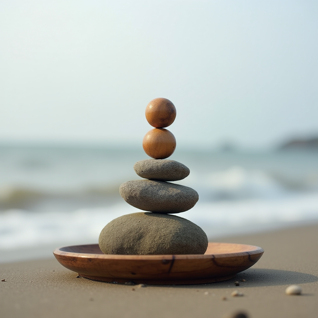 A stack of balanced stones and wooden spheres on a beach, symbolizing tranquility and balance.