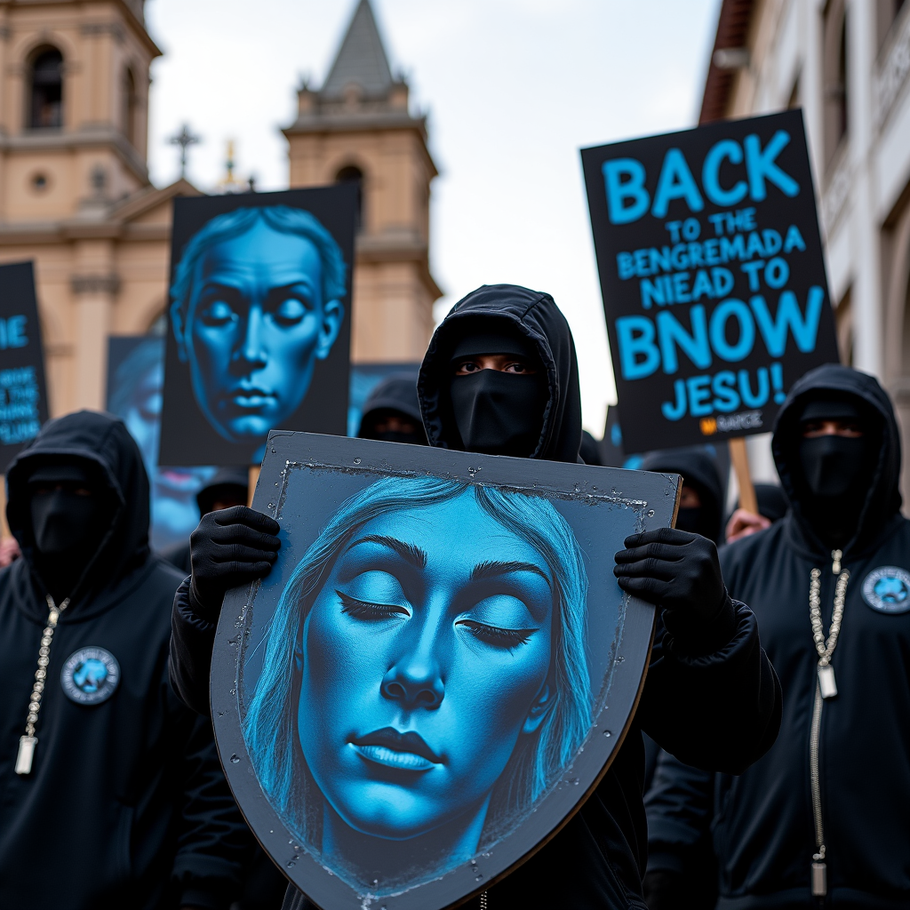 A group of masked individuals in hooded black attire holding banners with striking blue portraits and indistinct text, standing in front of a historic building with spires.