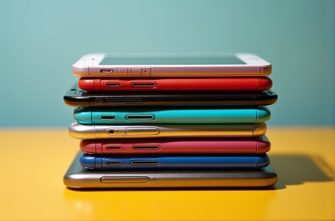 A neatly stacked pile of colorful smartphones resting on a yellow surface against a teal background.