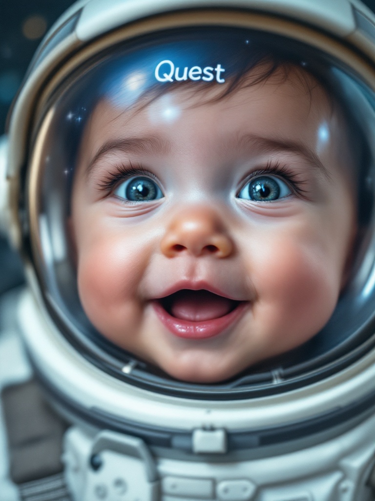 Baby astronaut in a space helmet with a reflective glass. Bright and chubby cheeks are seen through the helmet. Reflected word 'Quest' symbolizes adventure. Background includes gentle hints of outer space with stars and planets.