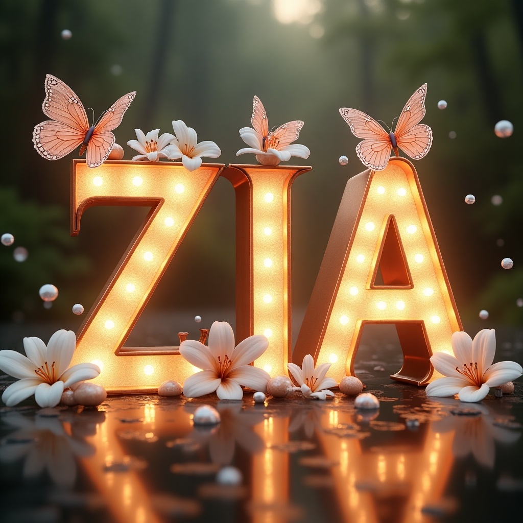 Rose gold butterflies decorate a glowing lettered name ZIA. White lilies surround the letters. Dew drops add a fresh look. Reflection effect enhances beauty.