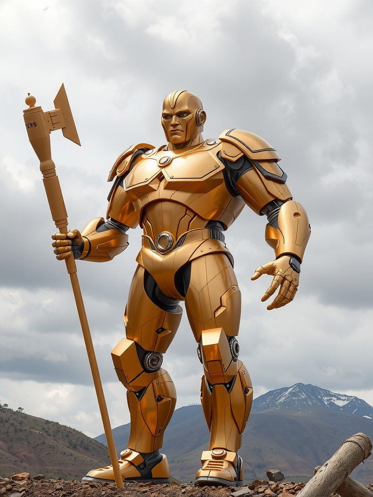 A towering golden robot, intricately designed with smooth armor plates, stands in a rugged mountainous landscape. Overcast skies provide dramatic, diffused lighting that highlights its metallic sheen. The robot, holding a large staff or axe, evokes a sense of power and futuristic might amidst the natural setting.