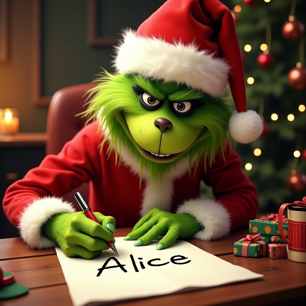 The Grinch dressed as Santa writes the name Alice on a paper. The Grinch has bright green fur. The table is decorated for Christmas with a cozy ambiance.