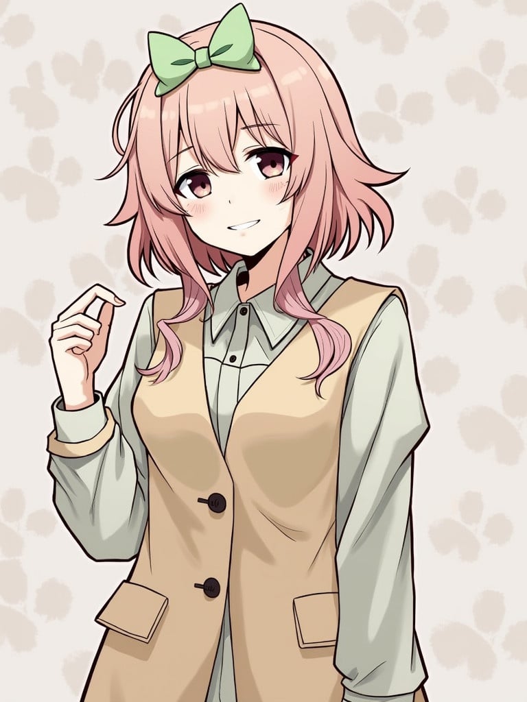 A cute anime-style girl with pastel pink hair tied in a green bow. She wears a beige vest over a light green shirt. Simple background with soft patterns.