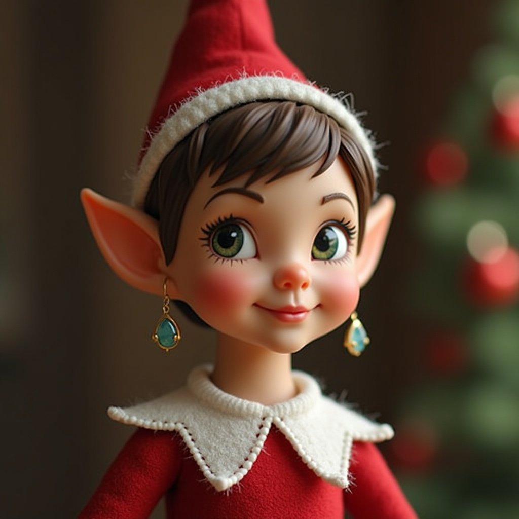 This image showcases a cheerful girl-style elf designed for the holiday season. She has short hair and normal-sized ears, distinctively adorned with a pair of stylish earrings. Dressed in a classic red outfit with a white collar, her expression conveys joy and playfulness. The background features soft Christmas decorations, enhancing the festive atmosphere. The elf embodies the traditional spirit of Christmas, making her a perfect decorative piece for the holidays. Her cute features and playful demeanor make her appealing to children and families alike. This elf doll captures the essence of holiday magic and joy.